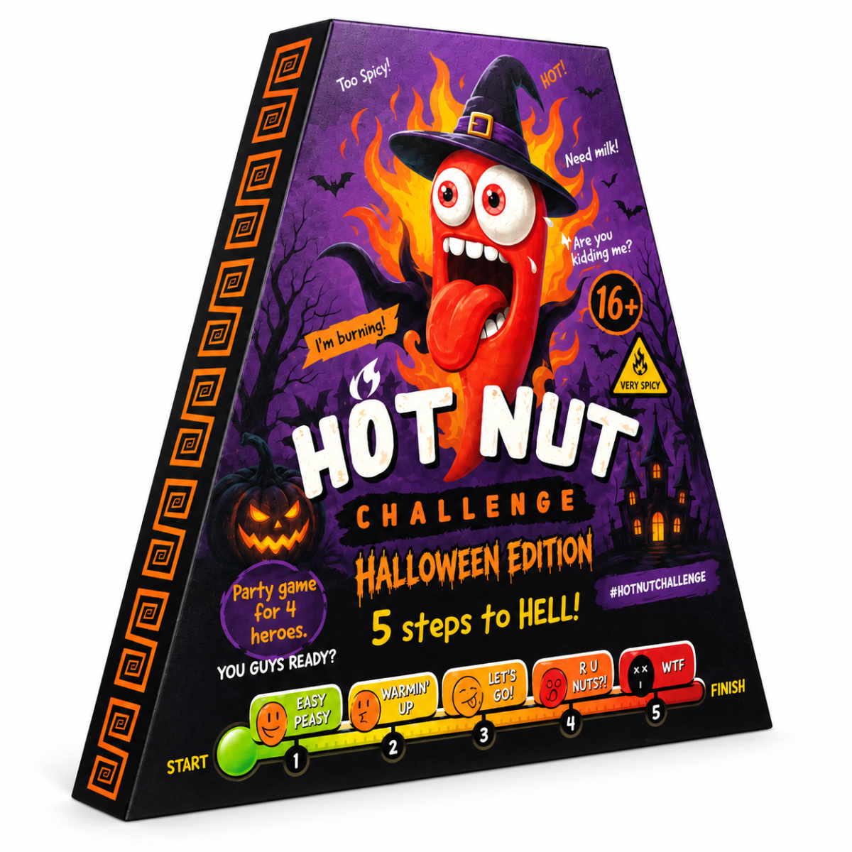 Prednja strana kutije igre Hot Nut Challenge, crtani crveni lik i oznaka 16+